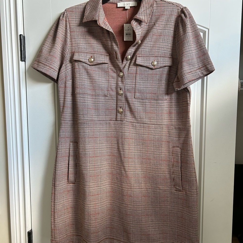 LOFT Plaid Mini Dress -tan and cream